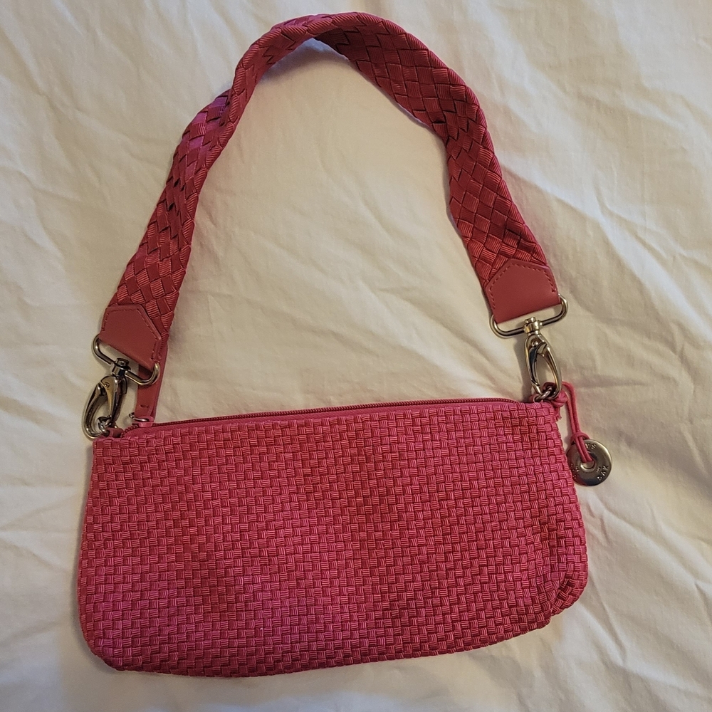The Sak Small Pink Woven Silver Zipper & Charm Shoulder bag.